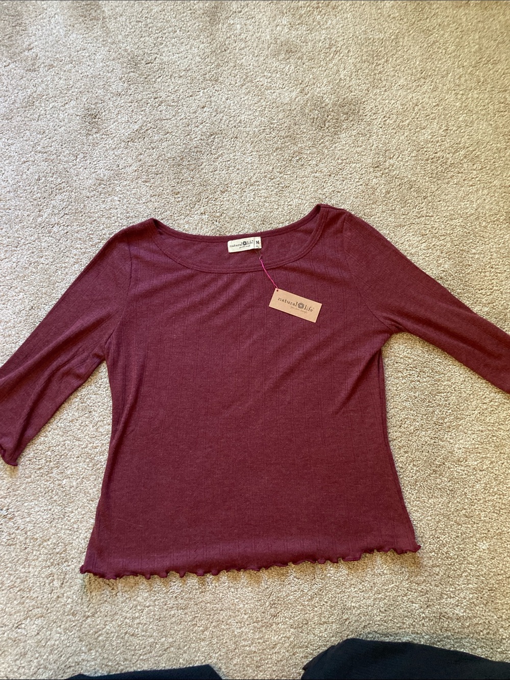 NWT NATURAL LIFE Wine Ribbed 3/4 super soft Sleeve Top